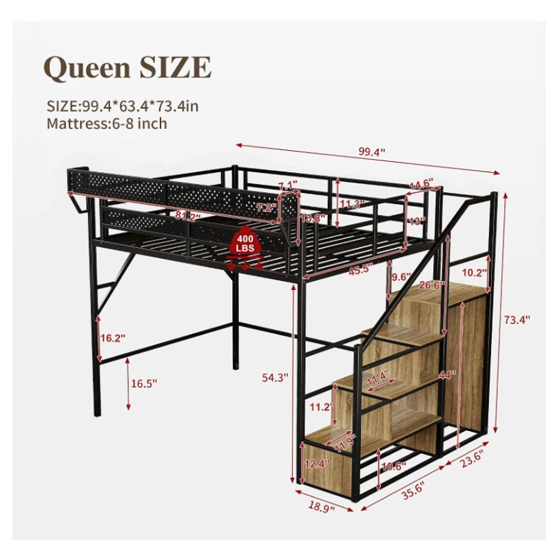 Queen Size Metal Loft Bed with Reversible Stairs and LED & USB Port Storage Shelf