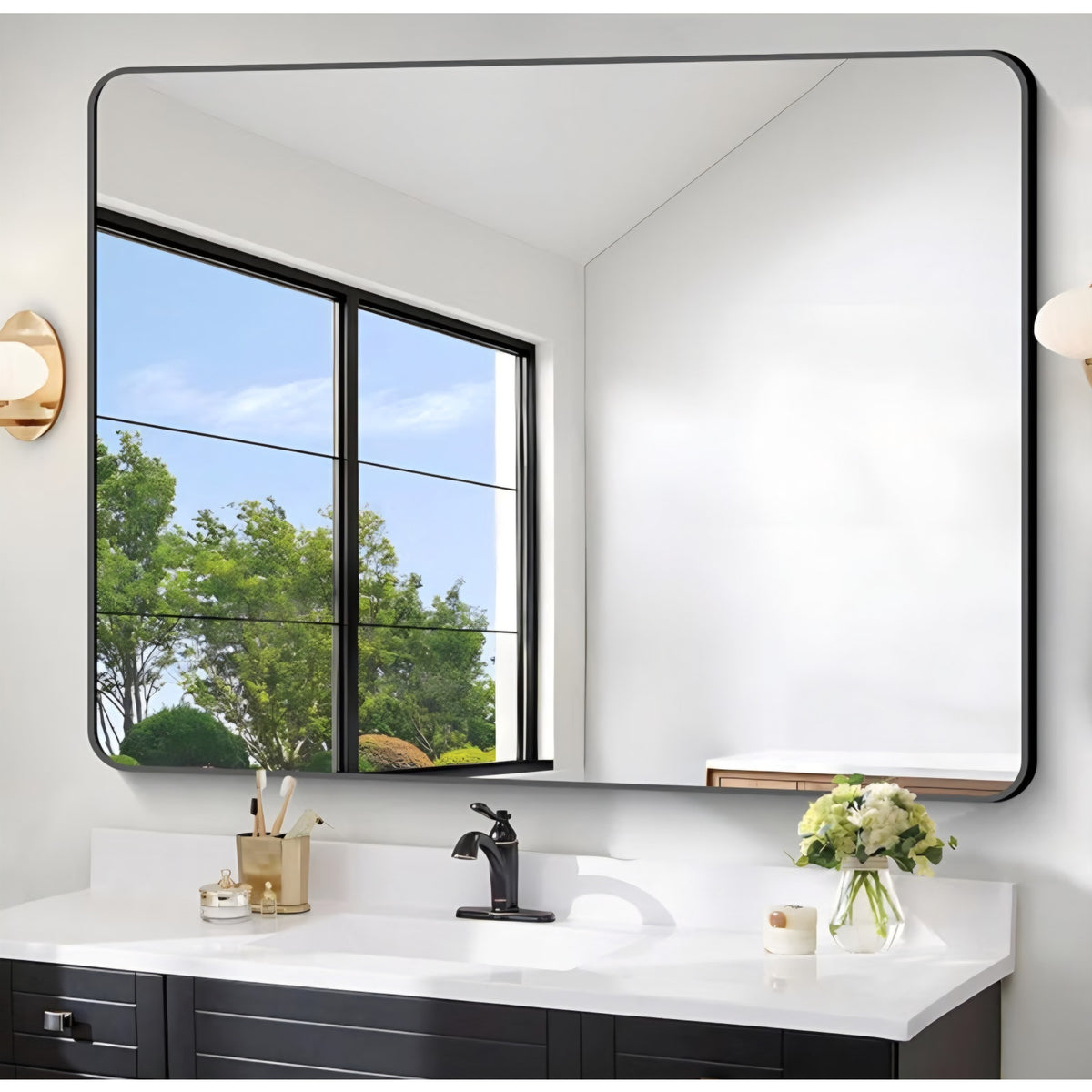 Large Bathroom Mirror 48 x 36 Inches，Black Large Wall Mirror Aluminum Frame Wall Mounted