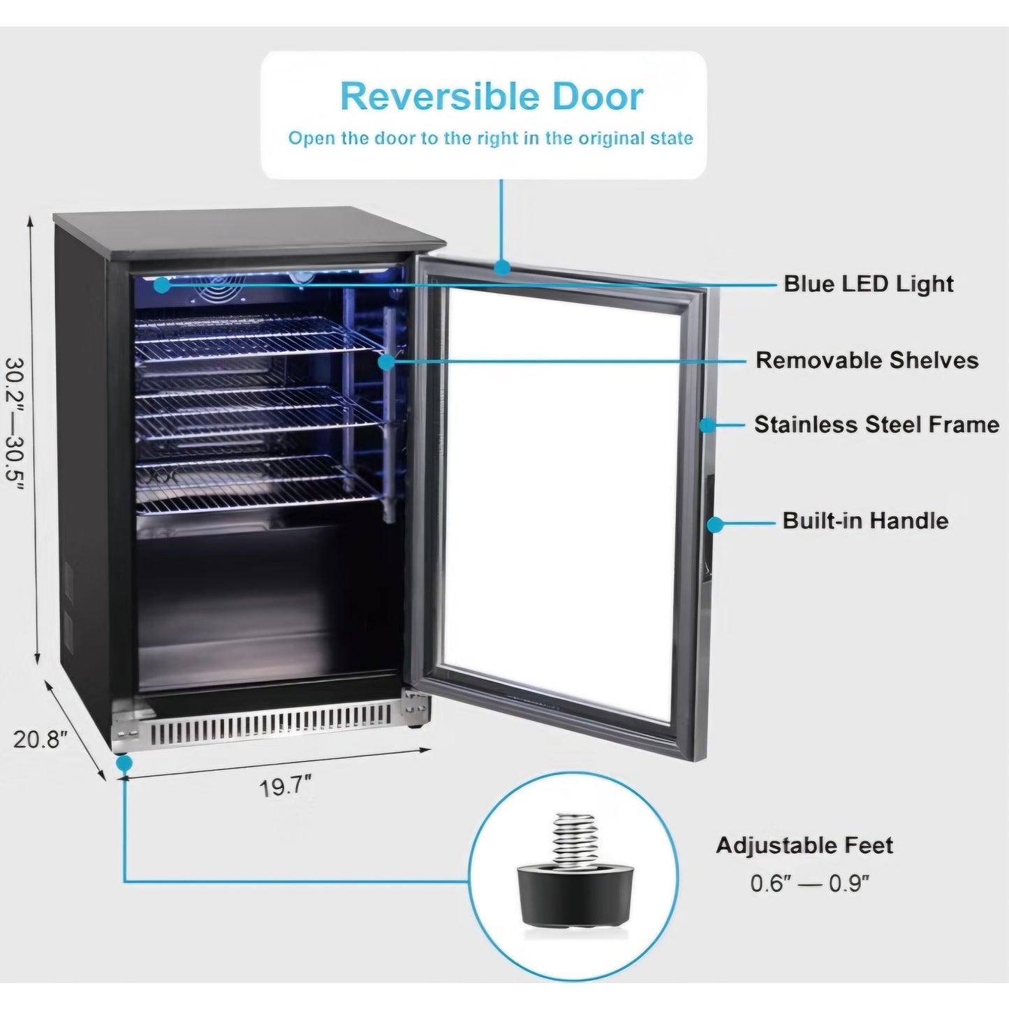 20" Under Counter Beverage Refrigerator with Reversible Glass Door Built-in/Freestanding, 3.2 Cu.Ft