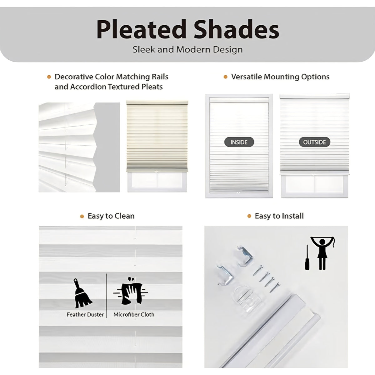 DEZ FURNISHINGS Cordless 1" Light Filtering Pleated Shade, Fabric, 58"W x 64"H, White