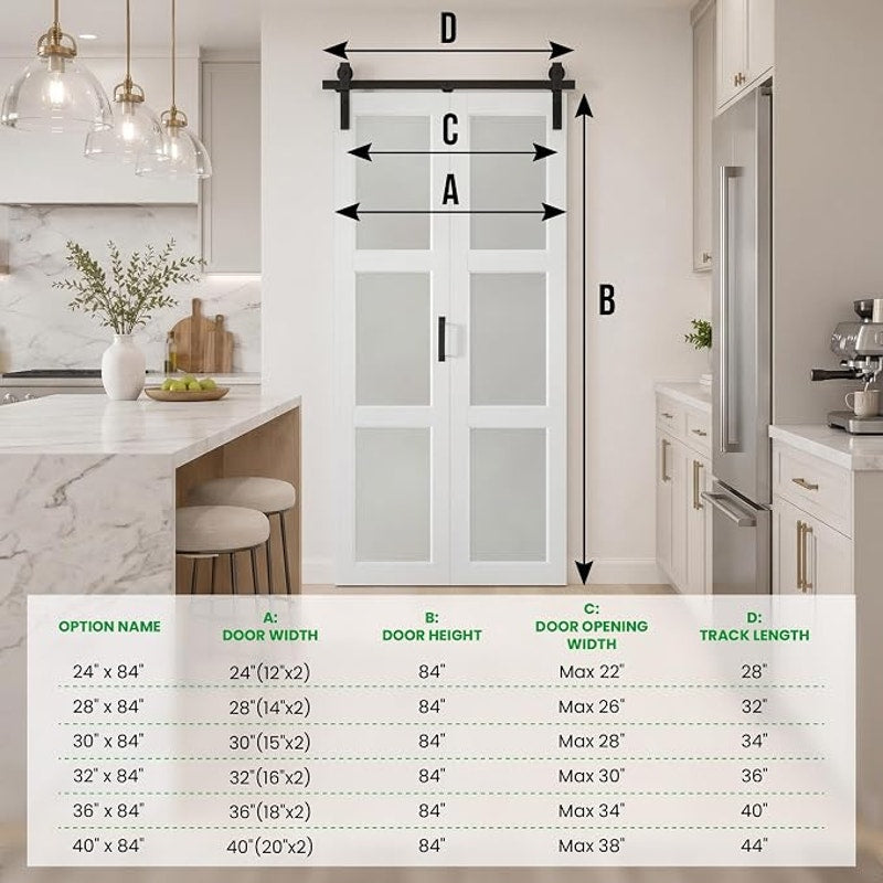 SMARTSTANDARD 24" x 84" Bifold Sliding Barn Door (Double 12"), 3-Lite Frosted Glass Panels, white.