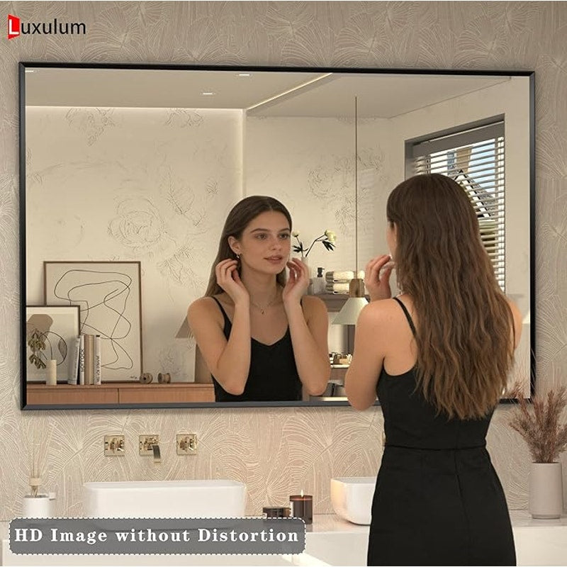 66" x 40"Matte Black Bathroom Mirror for Wall, Rectangular Beveled Mirror with Aluminum Alloy Frame