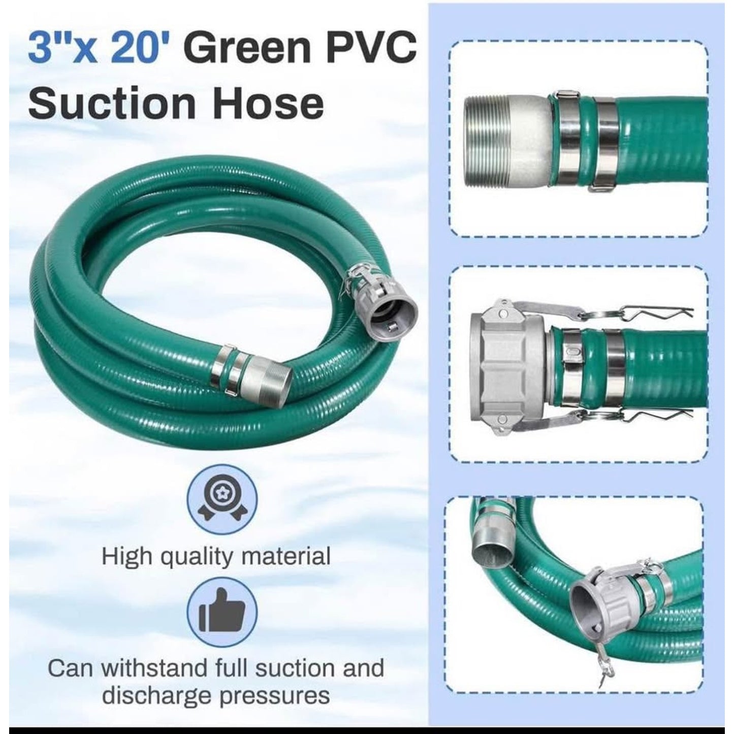 3 Inch Suction Hose Pump kit, Includes 3" x 65' Blue PVC Backwash Hose & 3" x 20' Green PVC Suction