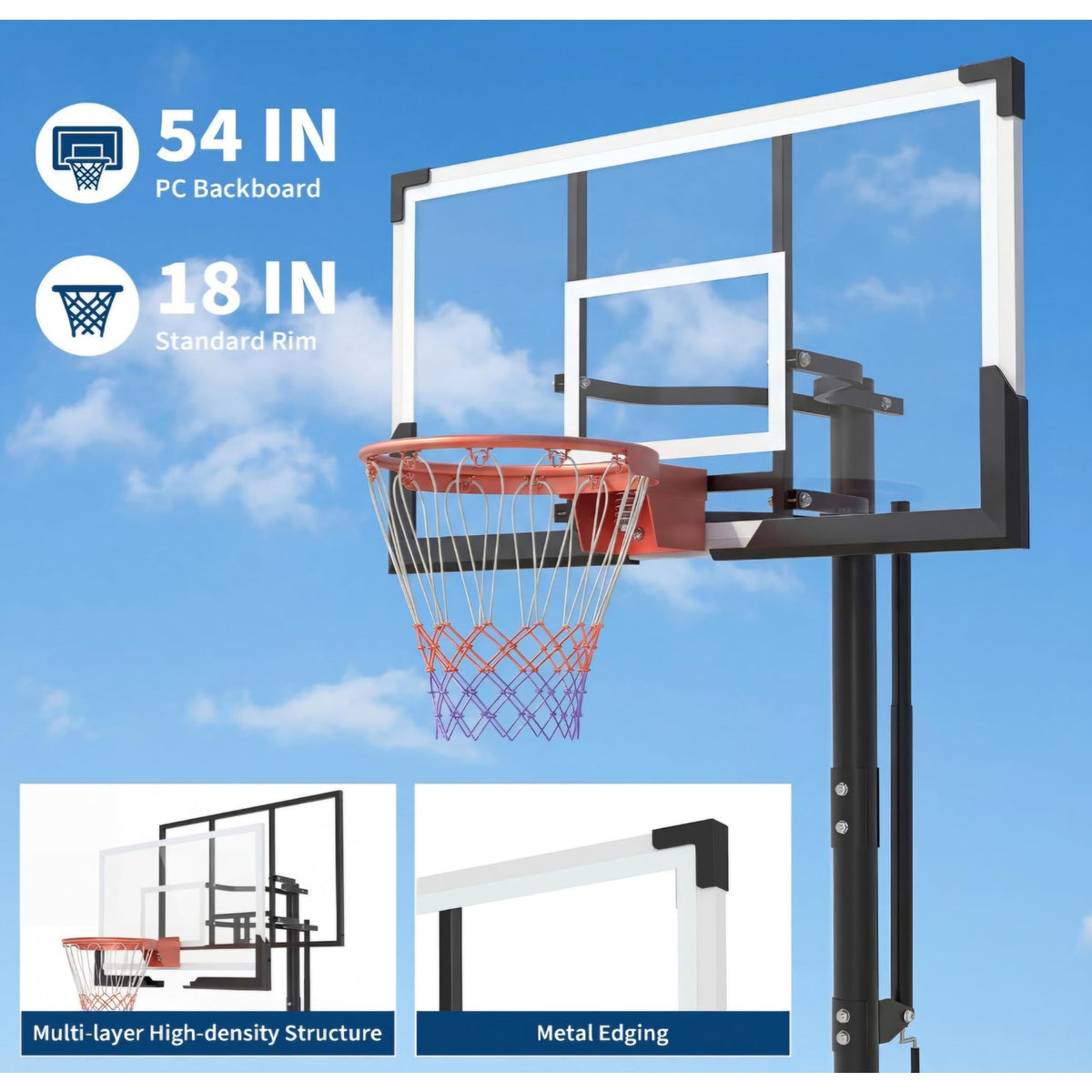 Garvee 54 Inch In Ground Basketball Hoop Outdoor 7.7-10FT Adjustable Height with Crank