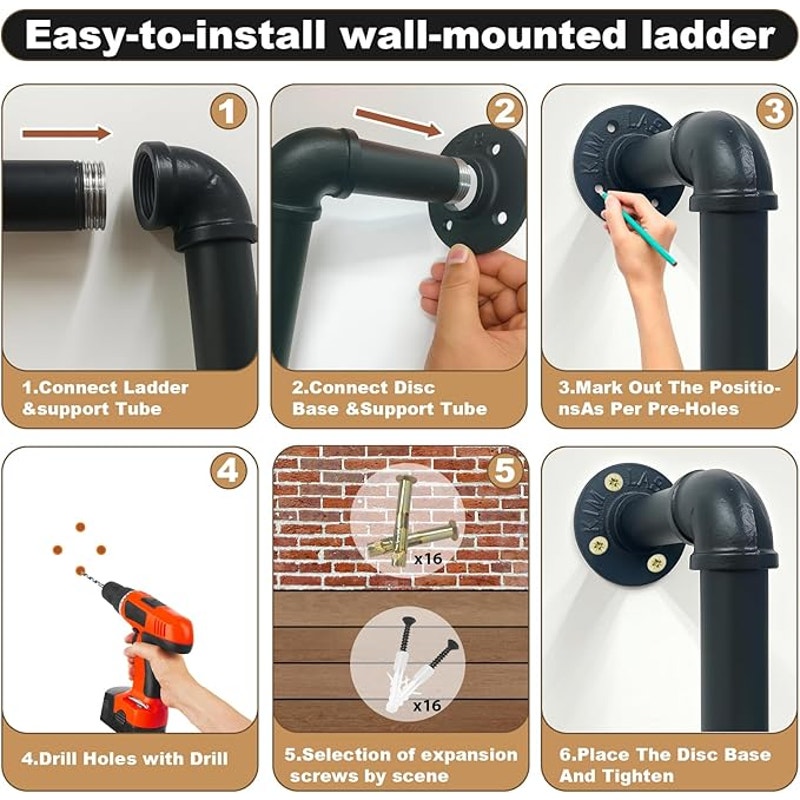5 FT Black Wall Mounted Steel Ladder, 5-Step Egress Ladder for Window Well, Loft, Gym, Dorm, Iron