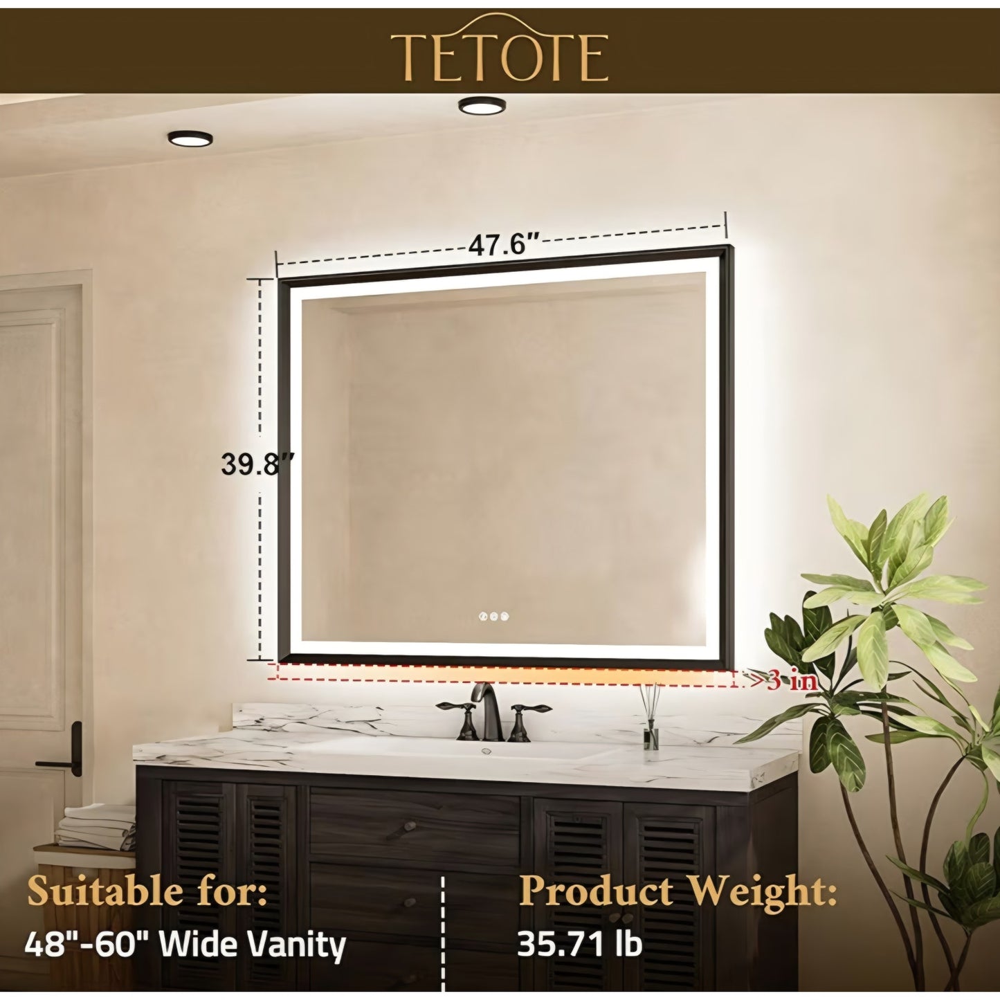 TETOTE 48x40 LED Bathroom Mirror with Lights Black Metal Frame Front & Back Light Vanity Mirror