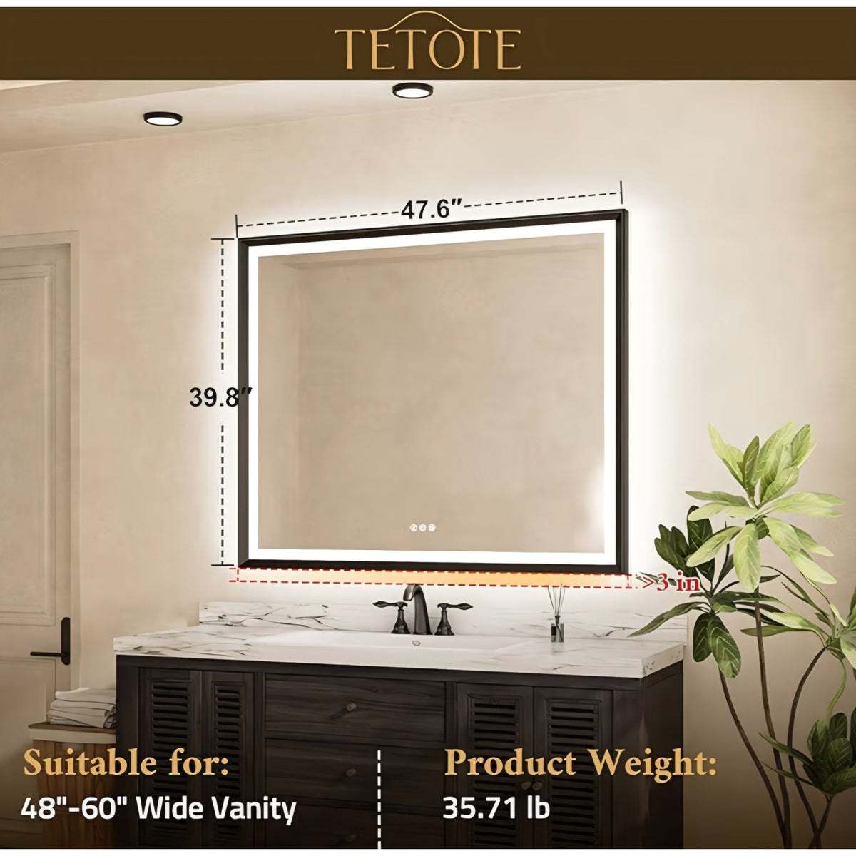 TETOTE 48x40 LED Bathroom Mirror with Lights Black Metal Frame Front & Back Light Vanity Mirror