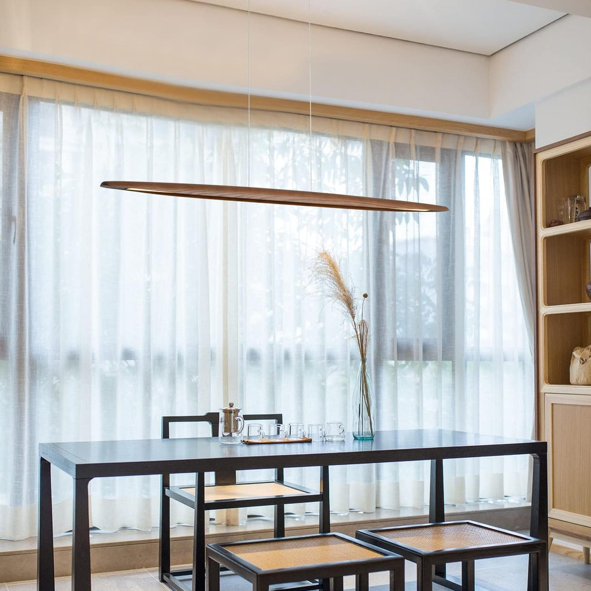 71"Wood Linear Pendant LightWood Linear,Light Island LightsLED DimmableChandelier Table WalnutColor