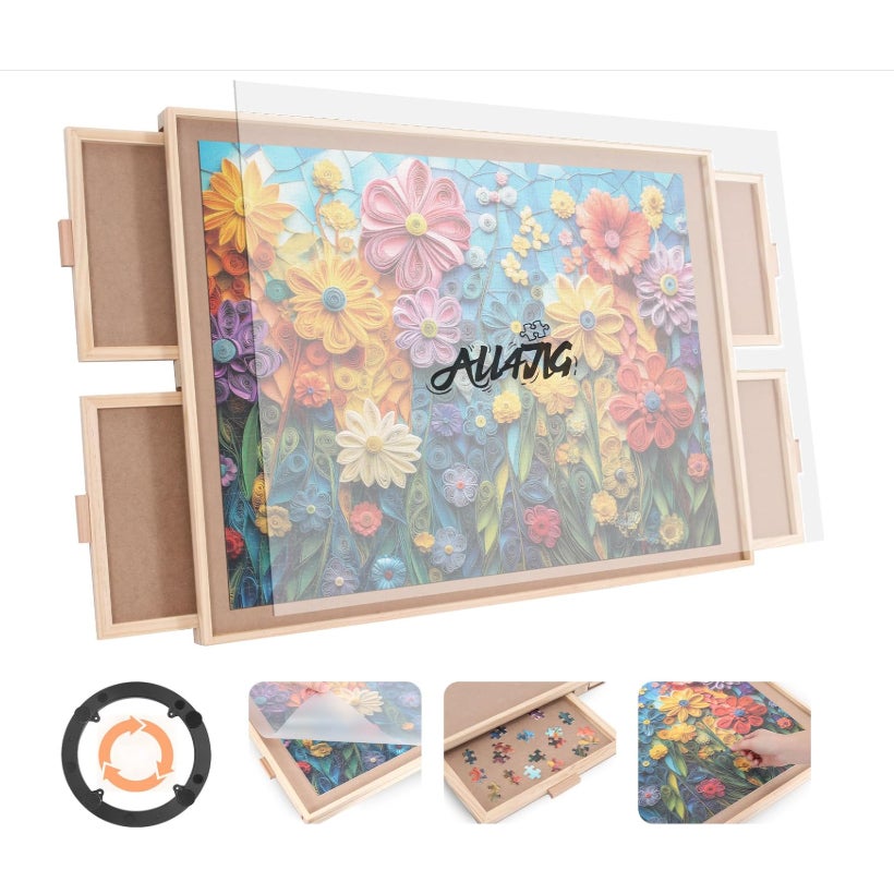 1500 Piece Rotating Puzzle Board with 4 Drawer 24.92"x33.58"Portable Wooden Jigsaw Puzzle Table