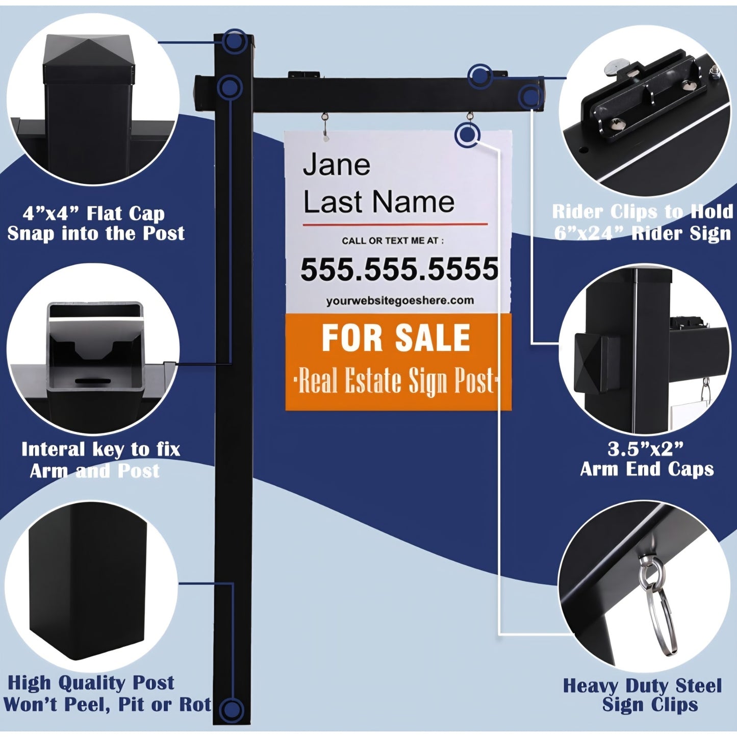 Vinyl PVC Real Estate Sign Post 6' Tall (4"x 4"x 72"), Realtor Yard Sign Post with Flat Cap