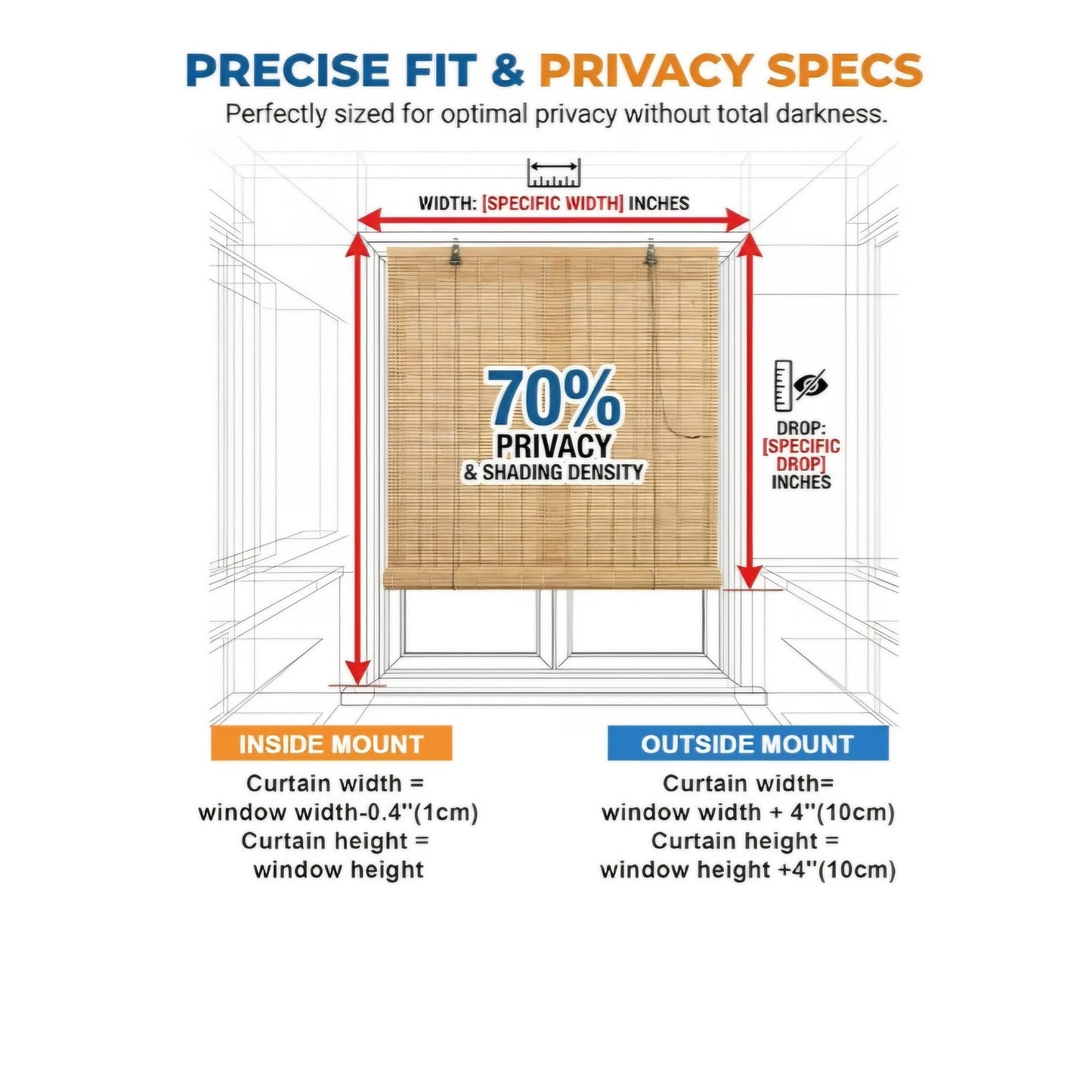 72" W x 72" H Bamboo Blinds for Interior Window, Bamboo Shades for Indoor Windows