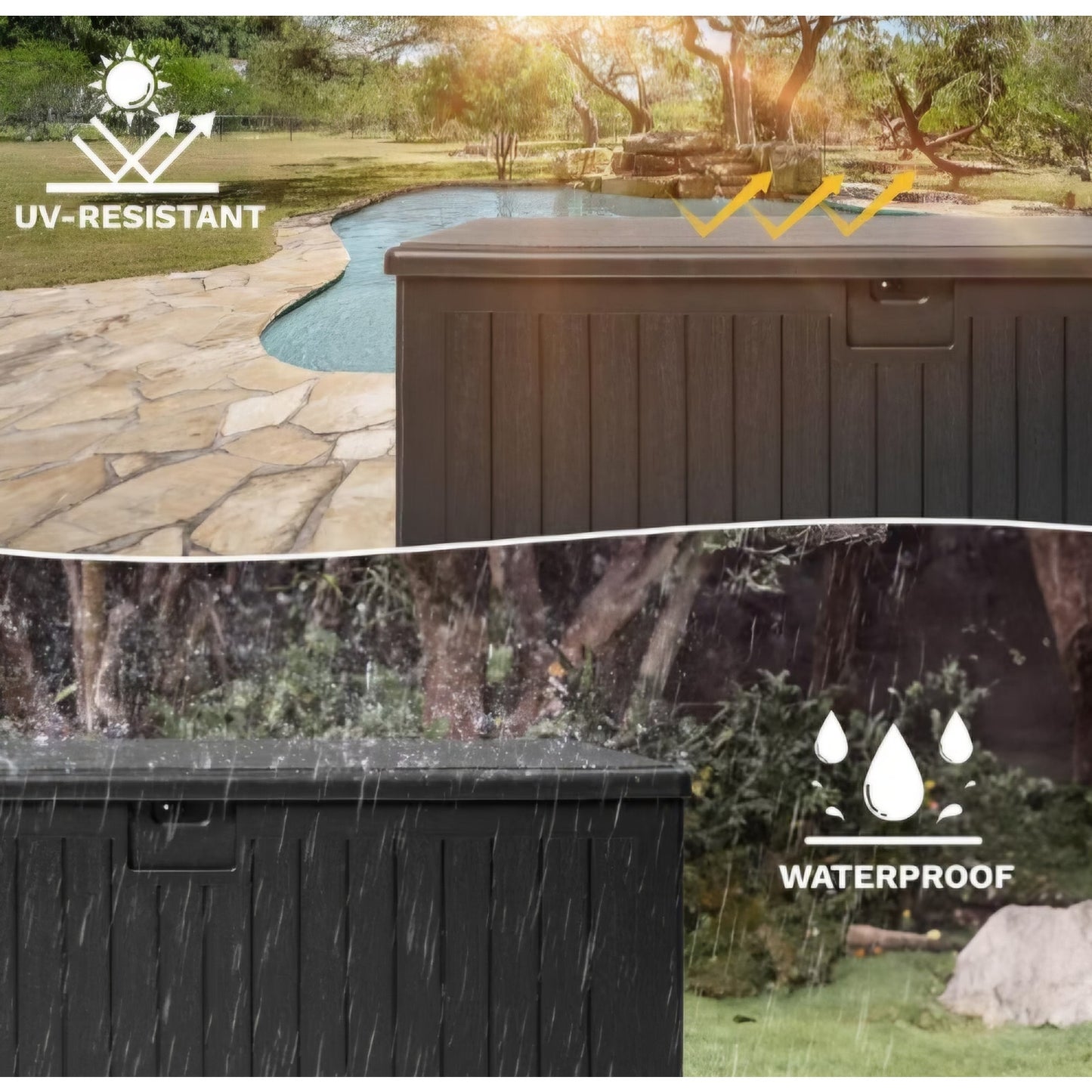 DWVO 260 Gallon Resin Outdoor Storage Box, XXL Double-Wall Waterproof Deck Box with Divider