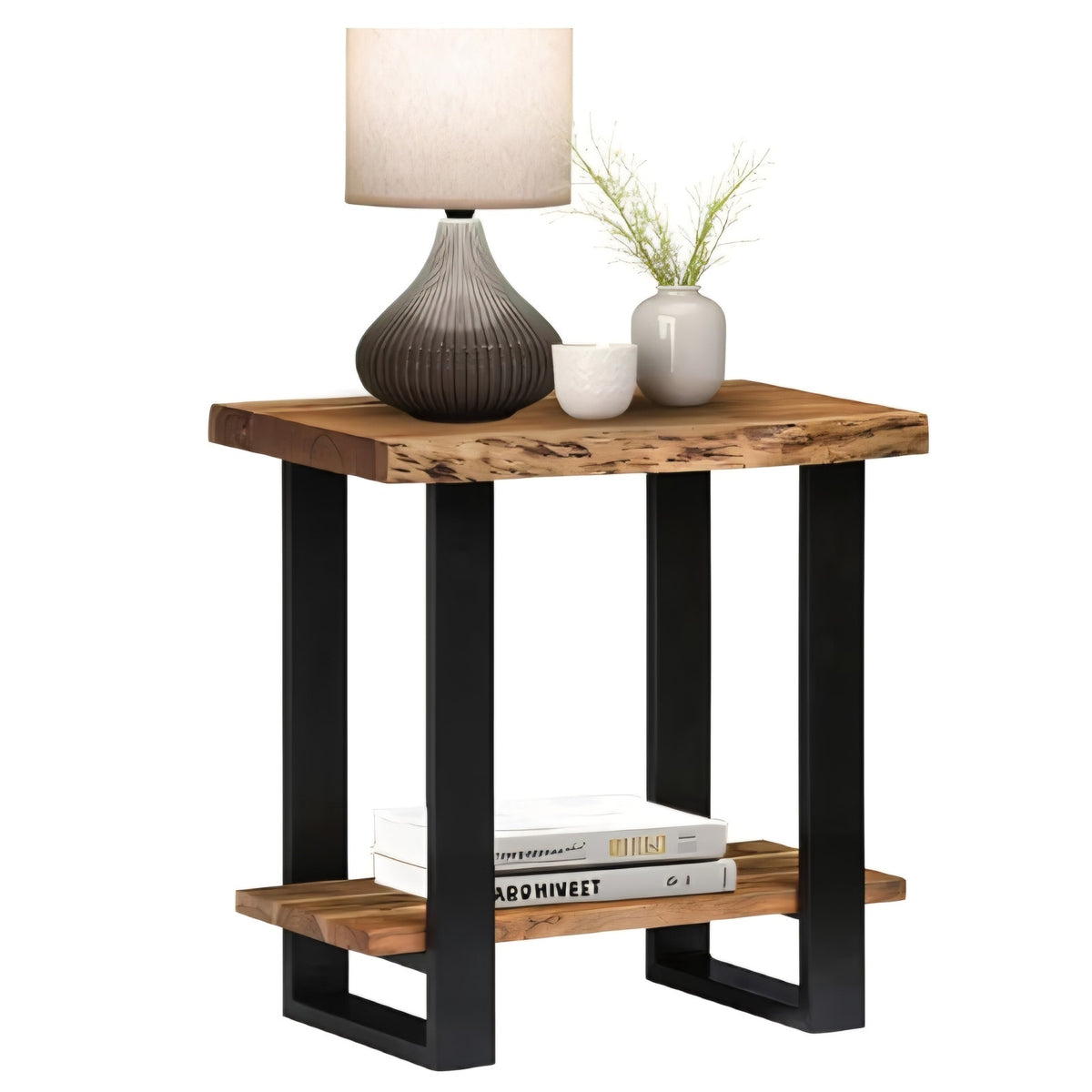 Alpine 2-Tier End Table with Live Edge Design – 27-Inch Solid Acacia Wood Industrial