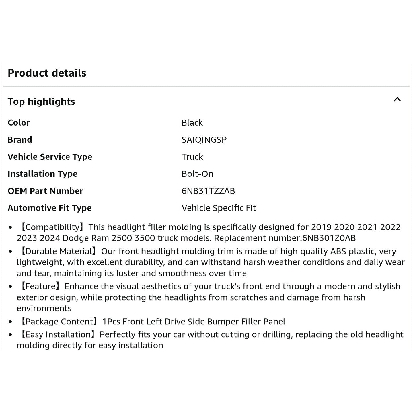 Front Bumper Headlight Filler Molding Trim Compatible with 2019-2024 Dodge Ram 2500 3500