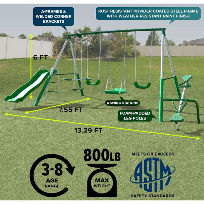 Sportspower Park Ridge Metal Swing Set for Ages 3-8, 2 Swings, Standing Swing, Roman Glider