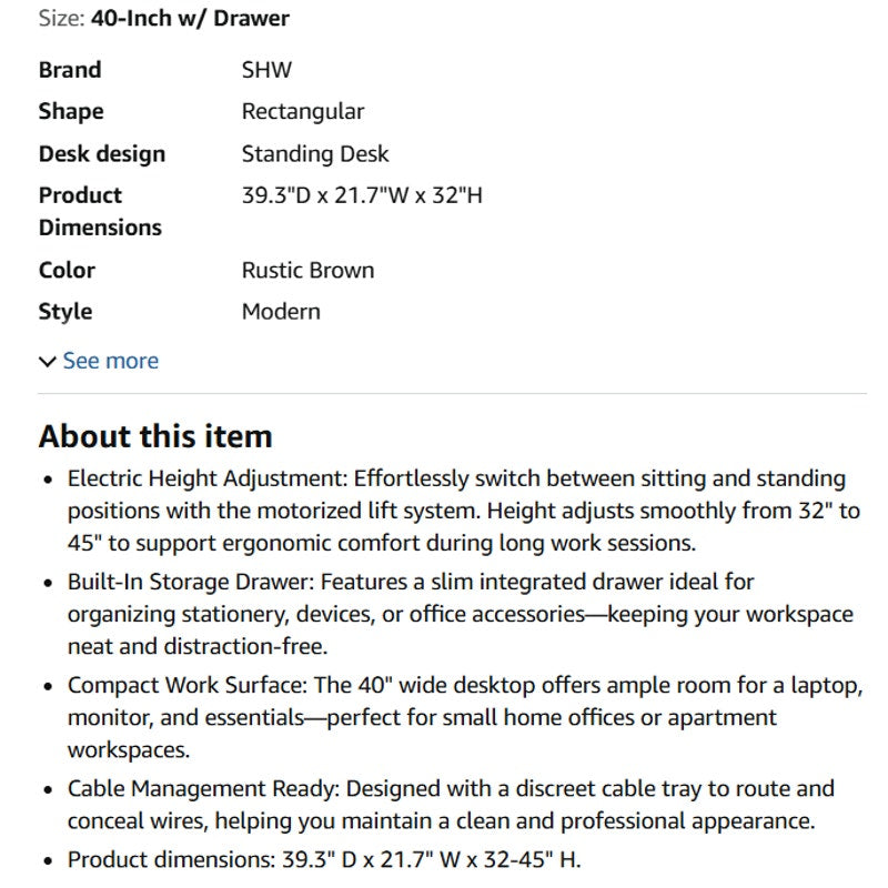 SHW 40-Inch Height Adjustable Claire Electric Standing Desk with Drawer, Rustic Brown