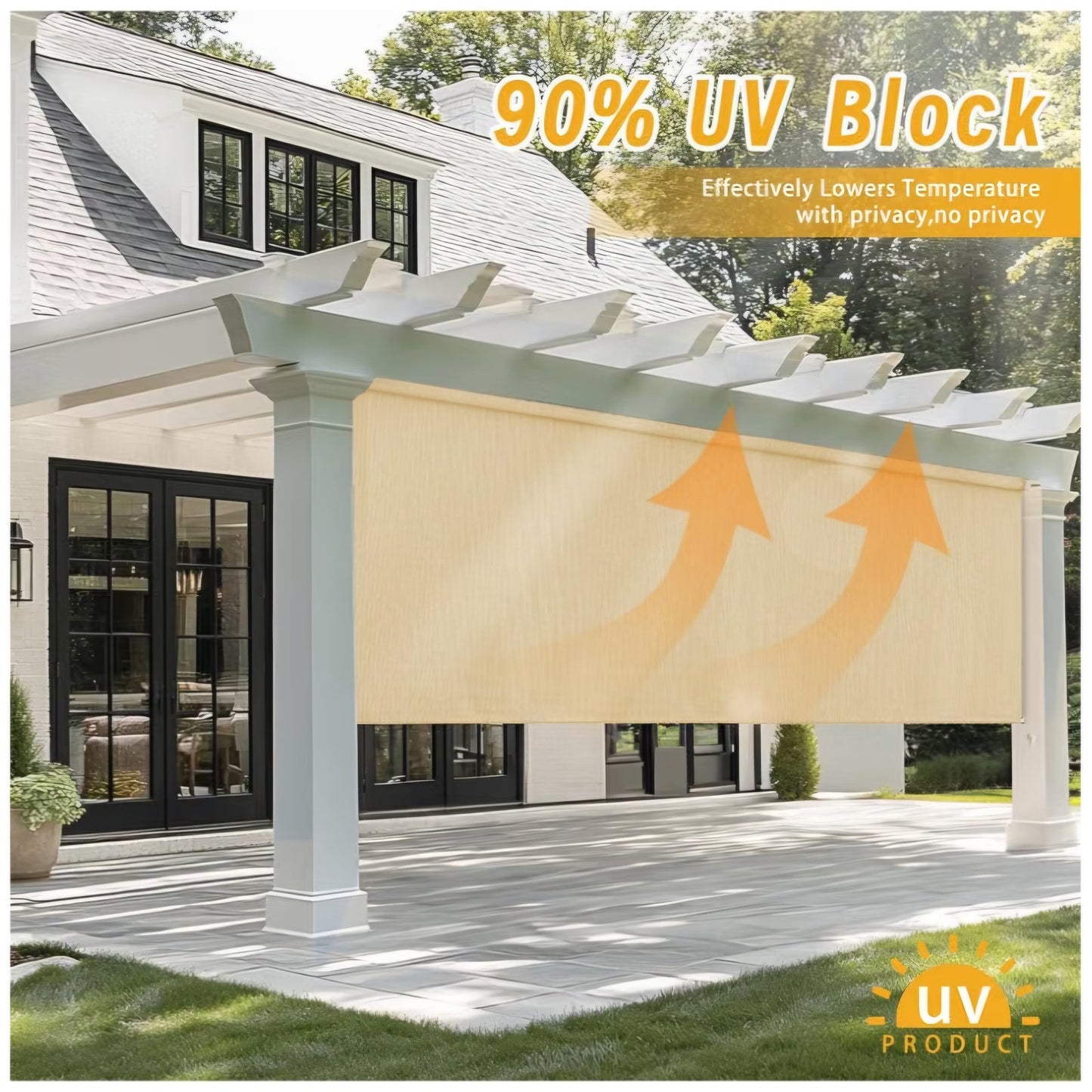 sunoff Outdoor Roller Shades, Cordless Patio Roller Up Blinds 2 Poles & 1 Fabric, Wheat, 84" Wx72 H