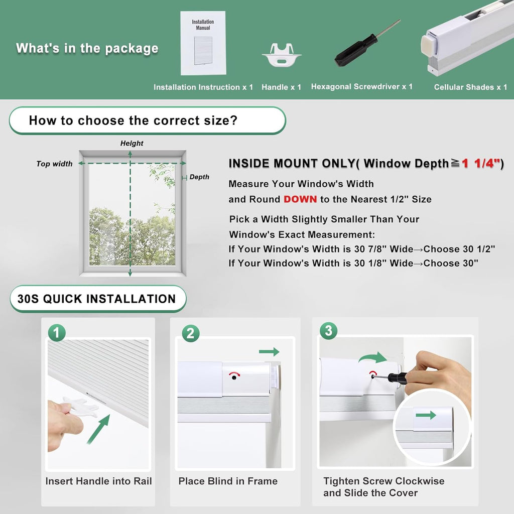 Tonature No Drill Cellular Shades for Indoor Windows, Cordless Blackout, White,59 1/2" W x 64"H