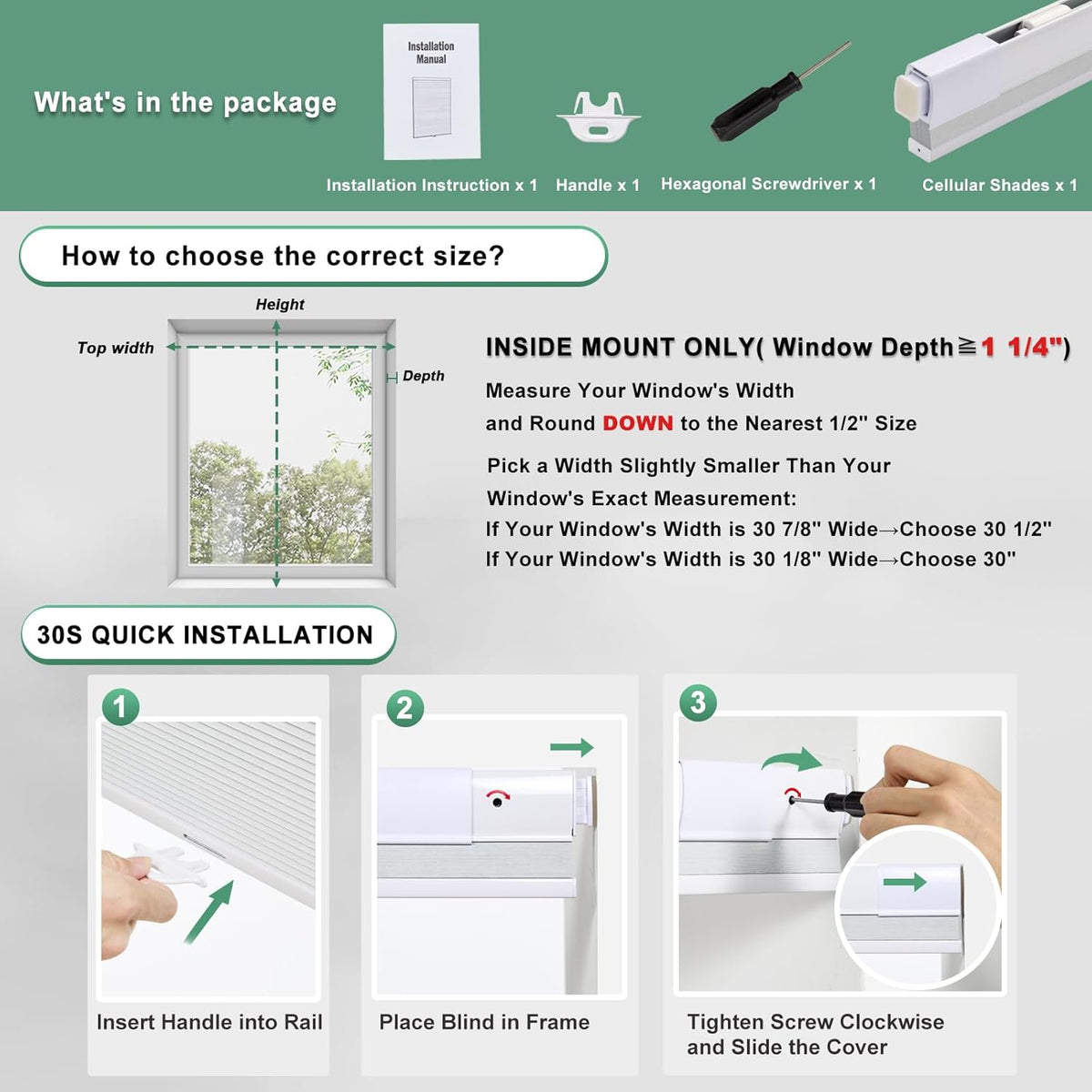 Tonature No Drill Cellular Shades for Indoor Windows, Cordless Blackout, White,59 1/2" W x 64"H