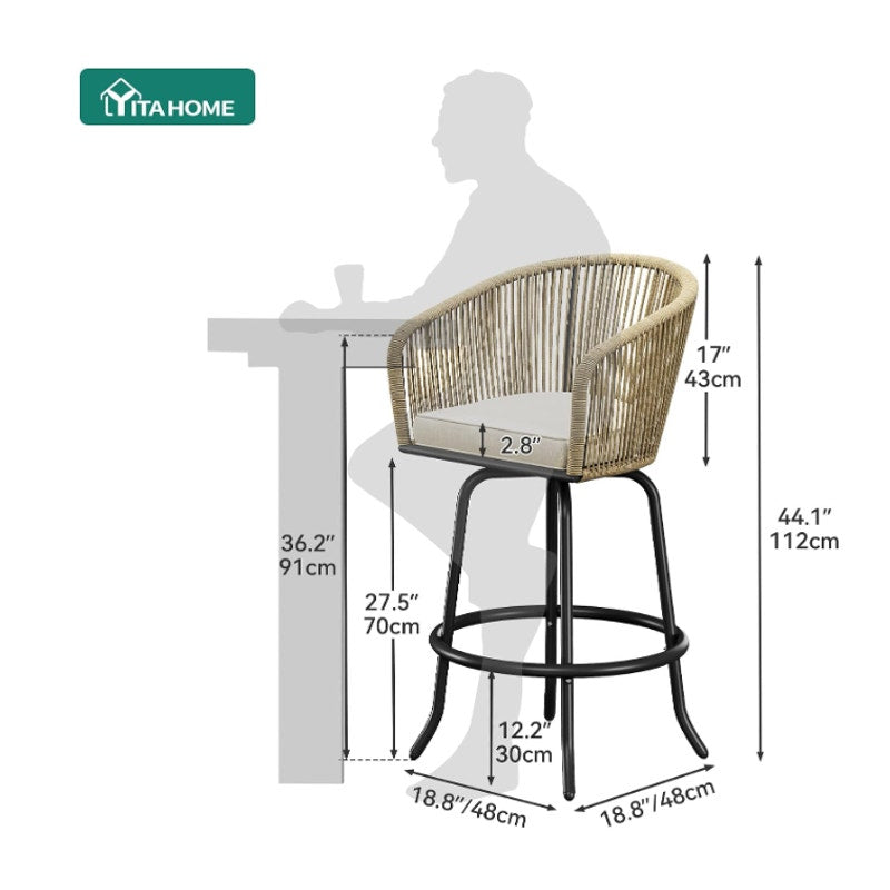 YITAHOME 27" Bar Stools Set of 2 with Arms & Cushions, 360° Swivel Outdoor Bar Stools