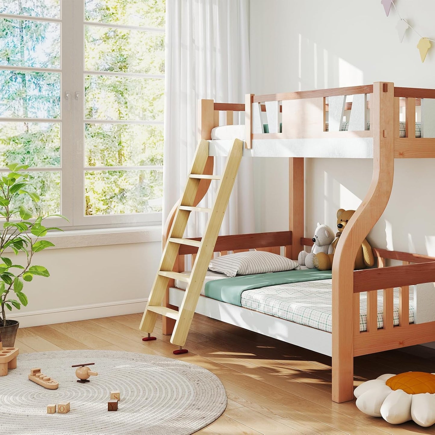 Wood Bunk Bed Ladder, Lofted with 4in Extra Wide Steps & Non-Slip Pads, Wood Color, 55in /140cm