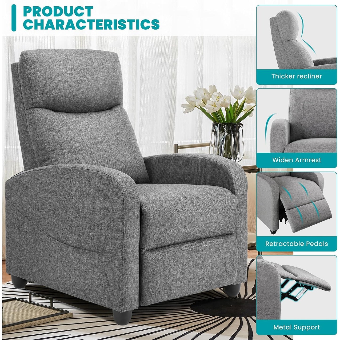 Sweetcrispy Recliner Chair Fabric, Sofa No Massage, Home Theater Seating, Lumbar Support, Grey.