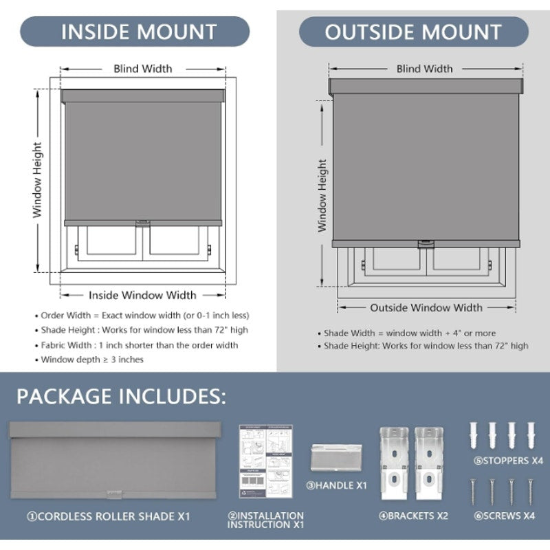 AOSKY Cordless Blackout Roller Shades, 73" W x 72" H, Grey