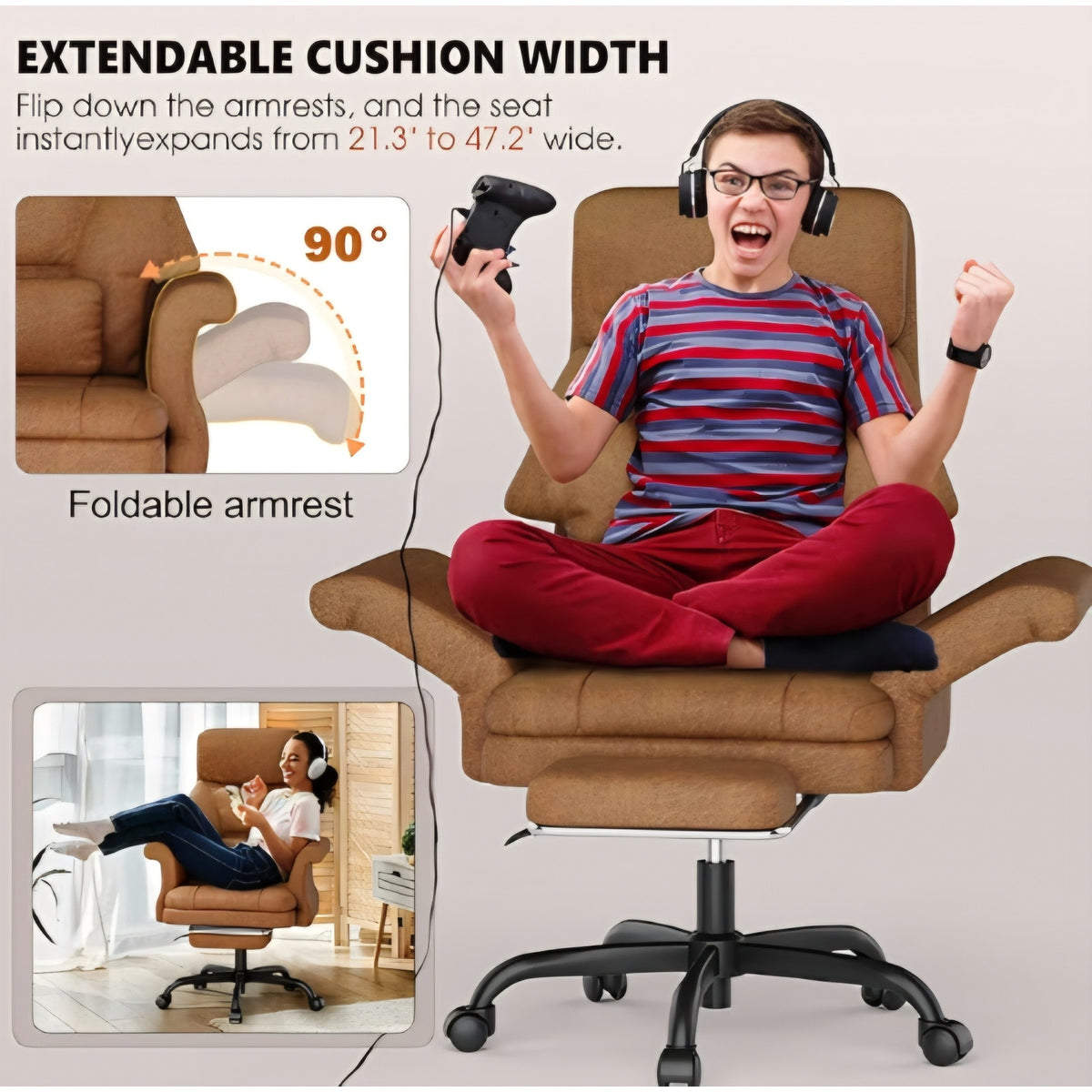 Cross Legged Office Chair with Footrest & Convertible Armrests-Pet-Friendly Cross Home Desk Chair