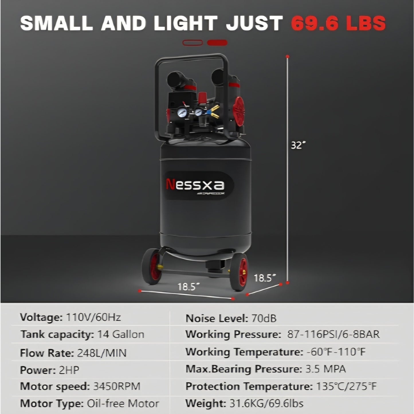 14 Gallon Ultra Quiet Air Compressor with 2 Quick Couplers 2HP 8.75 CFM, Max 115 PSI Pressure