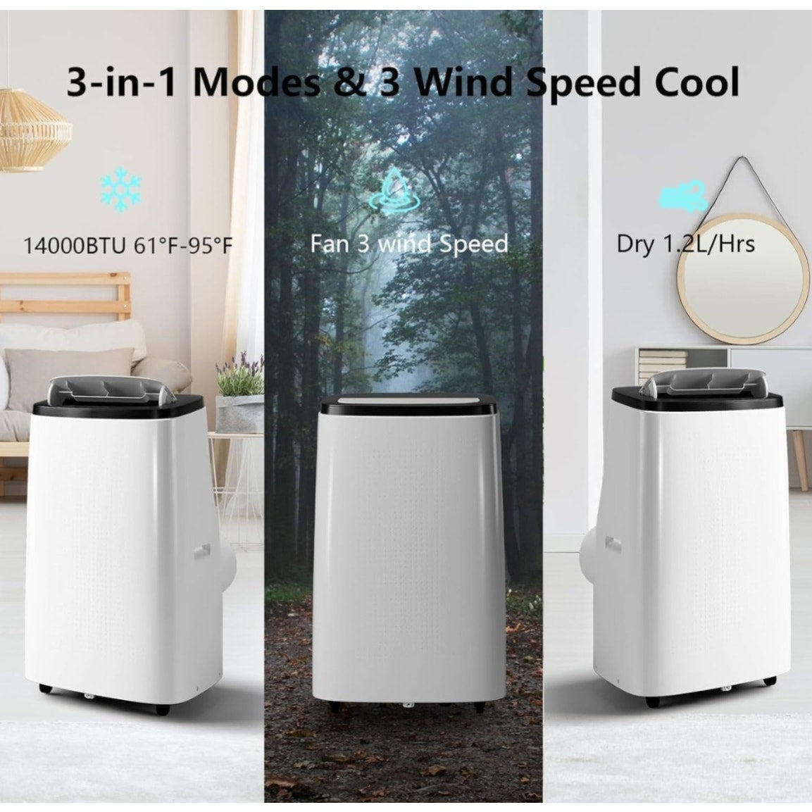 14000 BTU Portable Air Conditioner, with Remote Control 3-in-1 Ultra-Quiet Cooling, Dehumidifier & Fan for Rooms Up to 700 Sq. Ft. – Sleep Mode, 24H Timer & Windows Kit