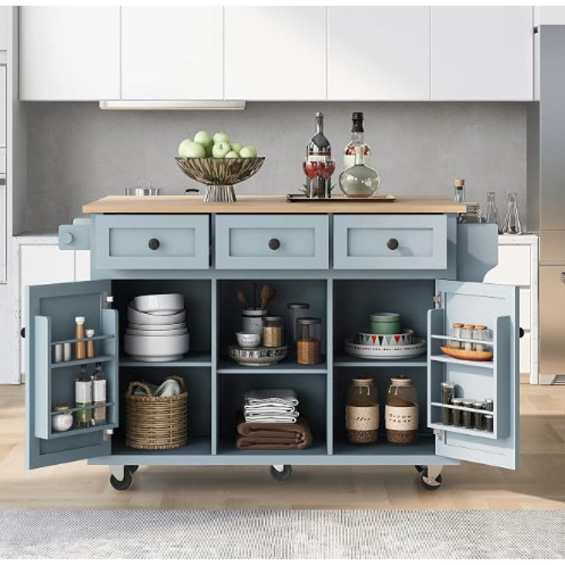 Rolling Kitchen Island with Storage and Drop Leaf, Grey Blue