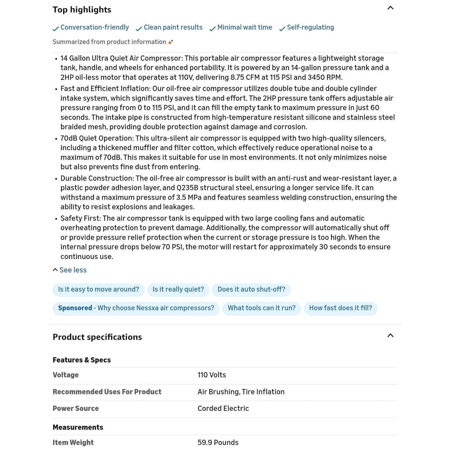 14 Gallon Ultra Quiet Air Compressor with 2 Quick Couplers 2HP 8.75 CFM, Max 115 PSI Pressure