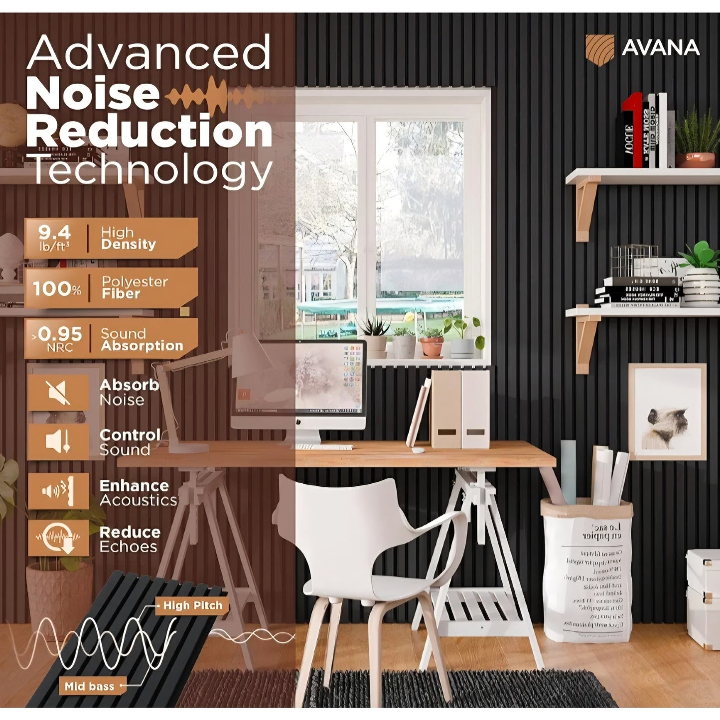 Avana Acoustic Wood Wall Panels – 94.4 x 12.6 Inch Black Oak Acoustic Panels 4 PCs – Wall Panels