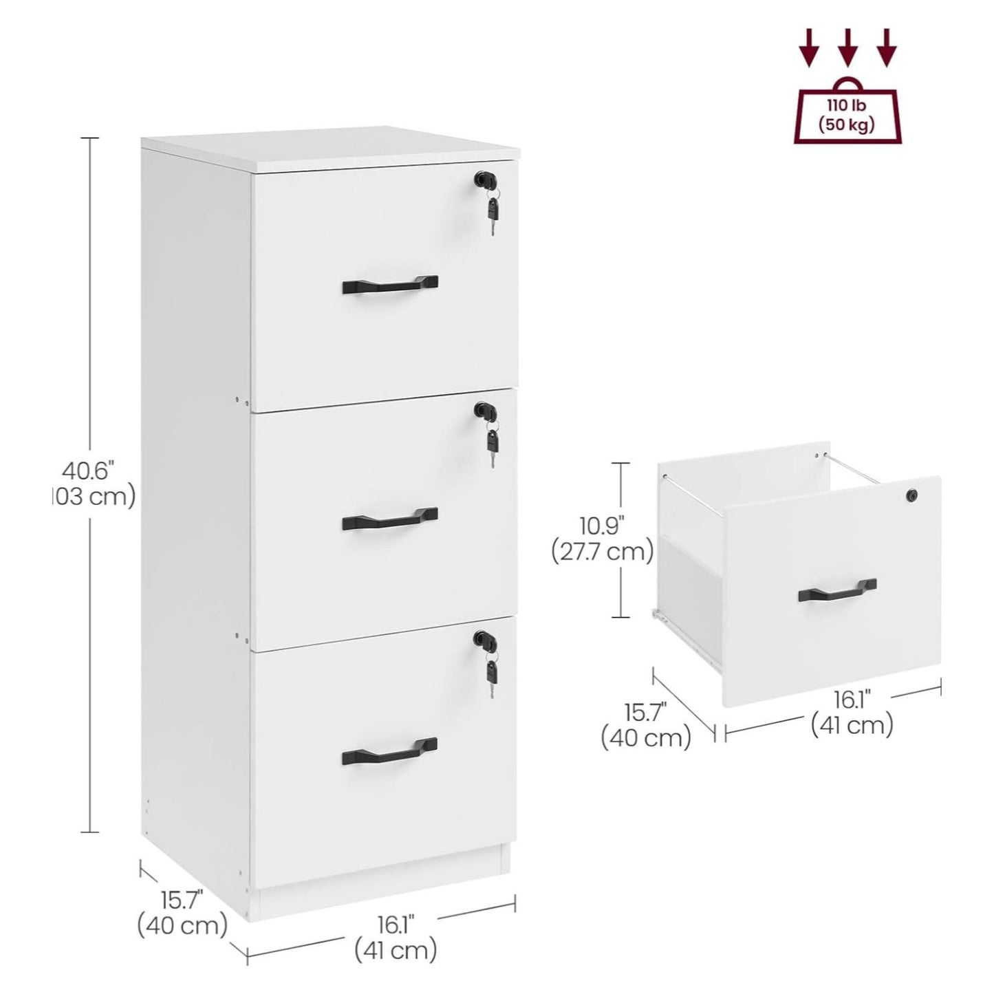 VASAGLE 3 Drawer File Cabinet, File Cabinet with Lock, Printer Stand, Office Filing Cabinet Organiz