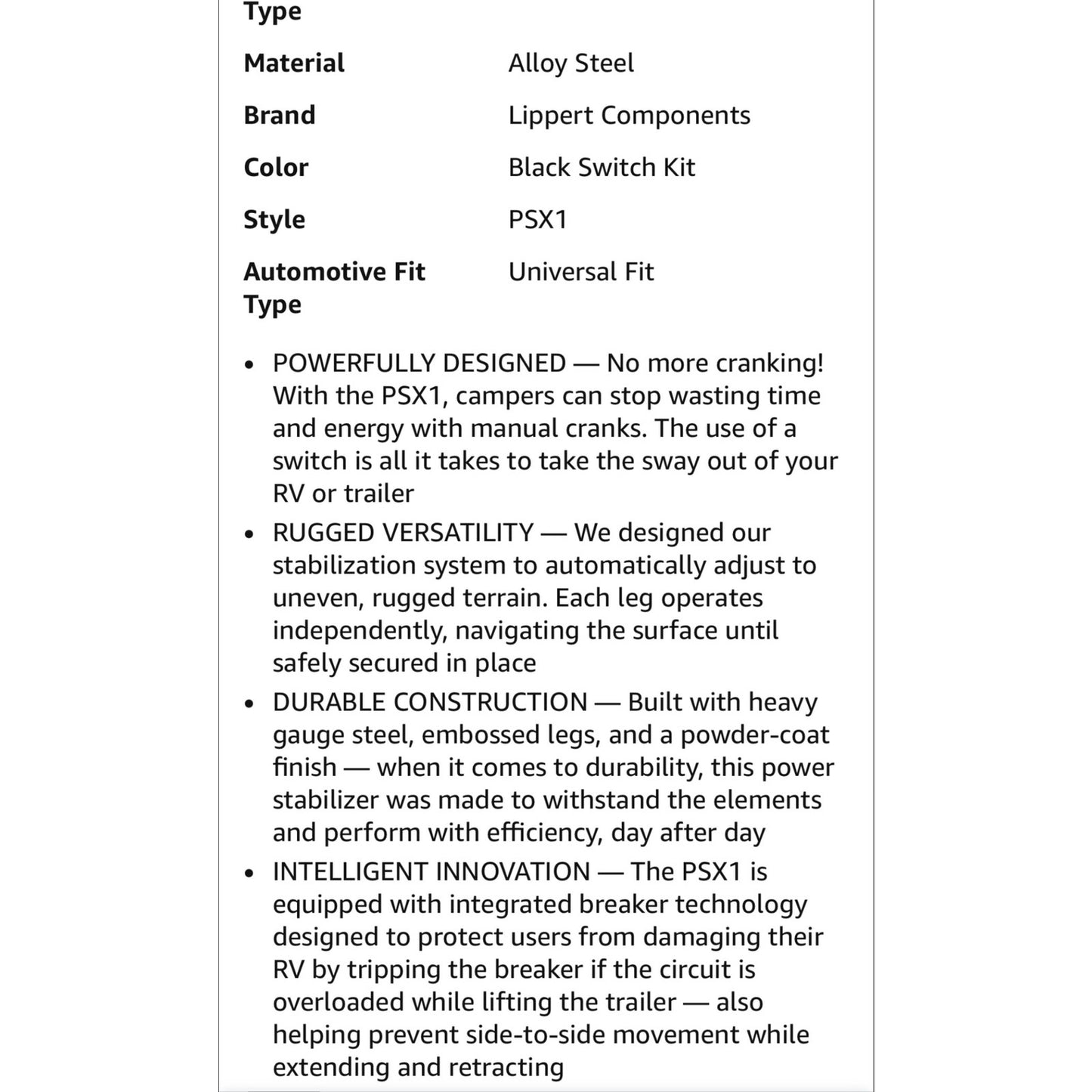 Lippert PSX1 High-Speed RV Power Stabilizer Jack System with Black IP66 Waterproof