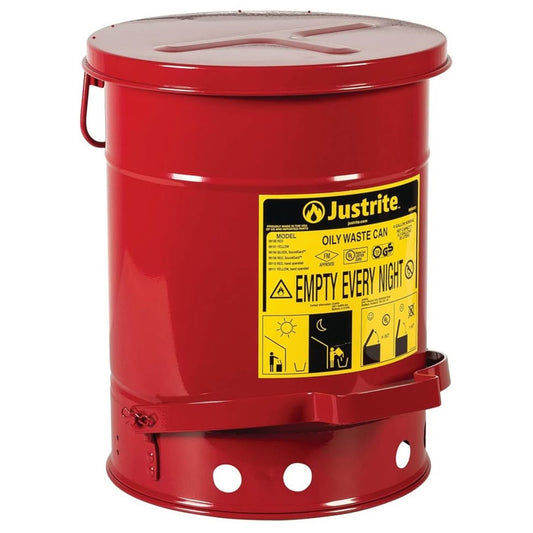 Justrite 6 Gallon Galvanized Steel Oily Waste Can, 16" x 12" Metal Oil Rag Safety Can with Quiet Foo