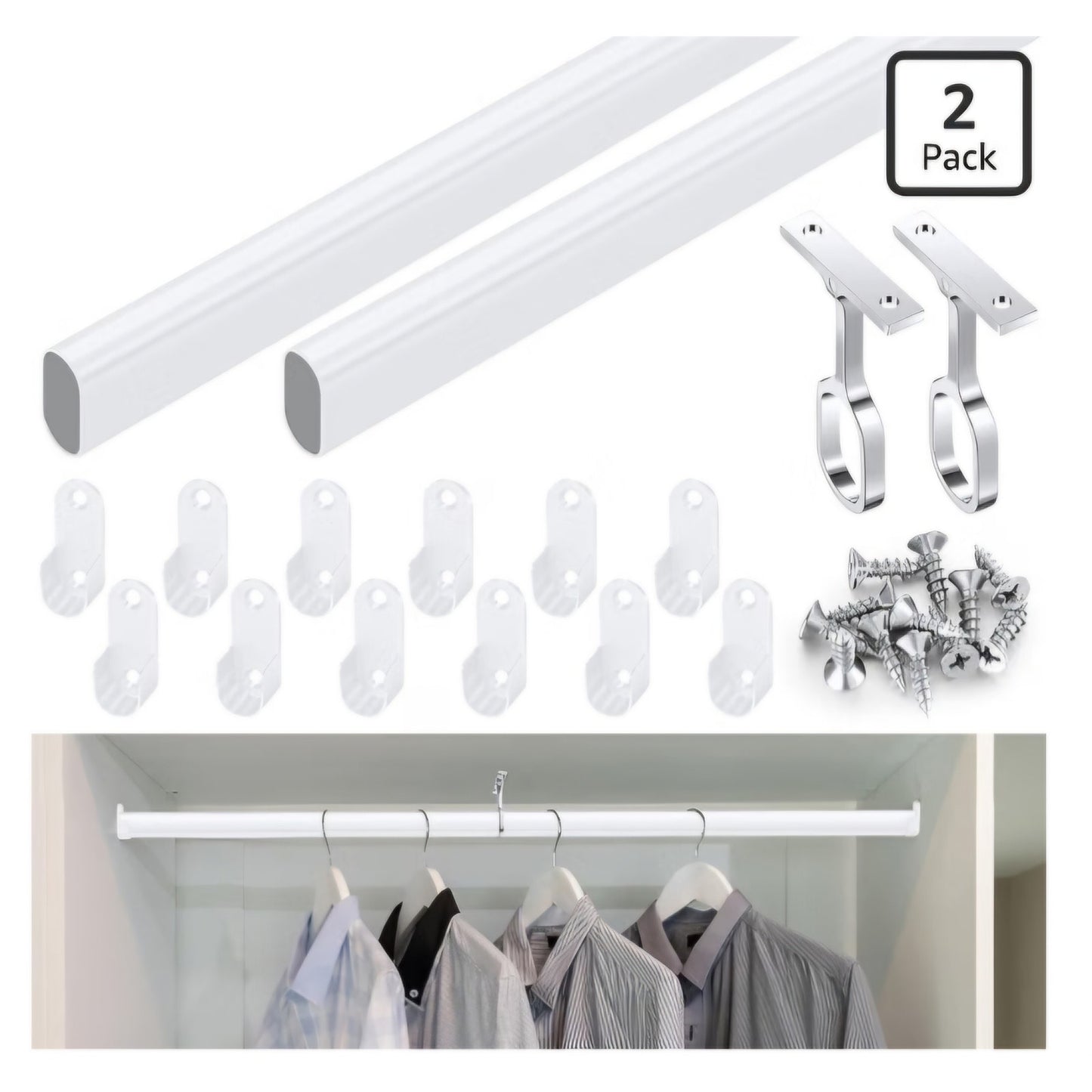 Tandefio Closet Rod Kit with End Caps and Center Support,White