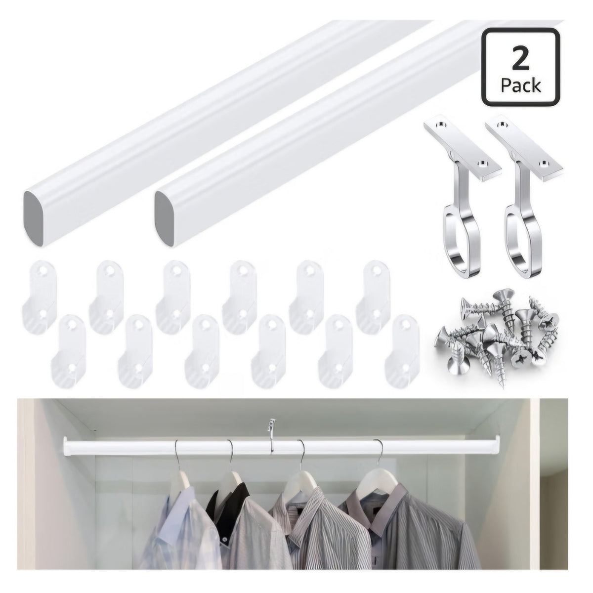 Tandefio Closet Rod Kit with End Caps and Center Support,White
