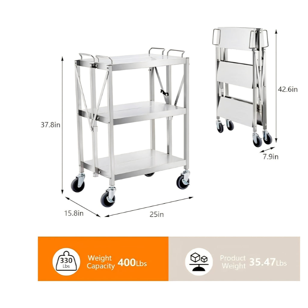 Trolley Heavy Duty Folding Utility Cart,Stainless Steel Collapsible Cart 133 Lbs Storage Rack