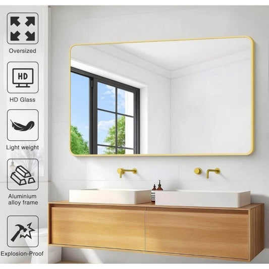 55"x36" Gold Bathroom Mirror, Large Rectangle Mirror, Rectangular Wall Mirror, Rounded Corner Vanit