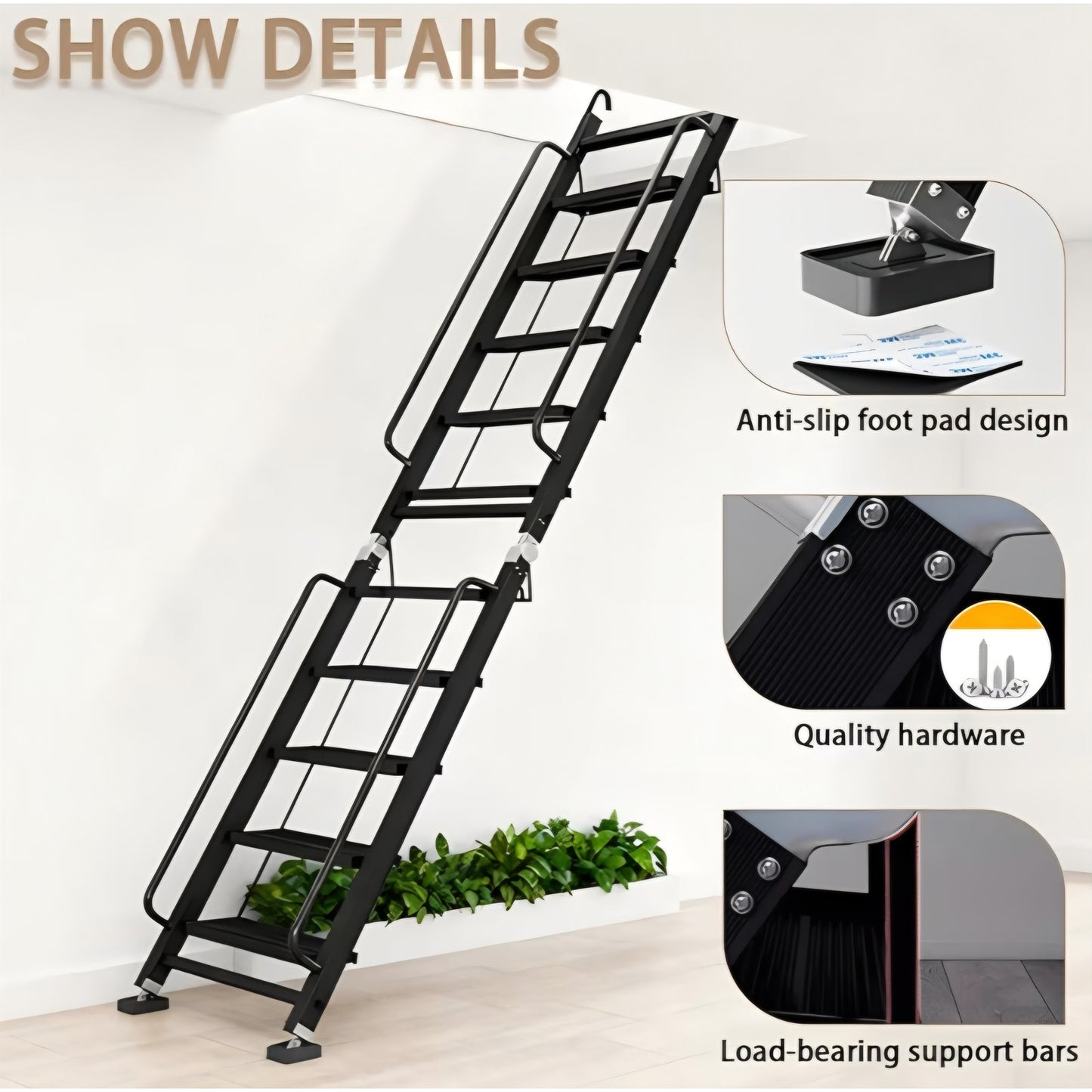 Foldable Aluminum Loft Stairs Ladder, 12 Step Folding Bunk Bed Ladders with Handrails
