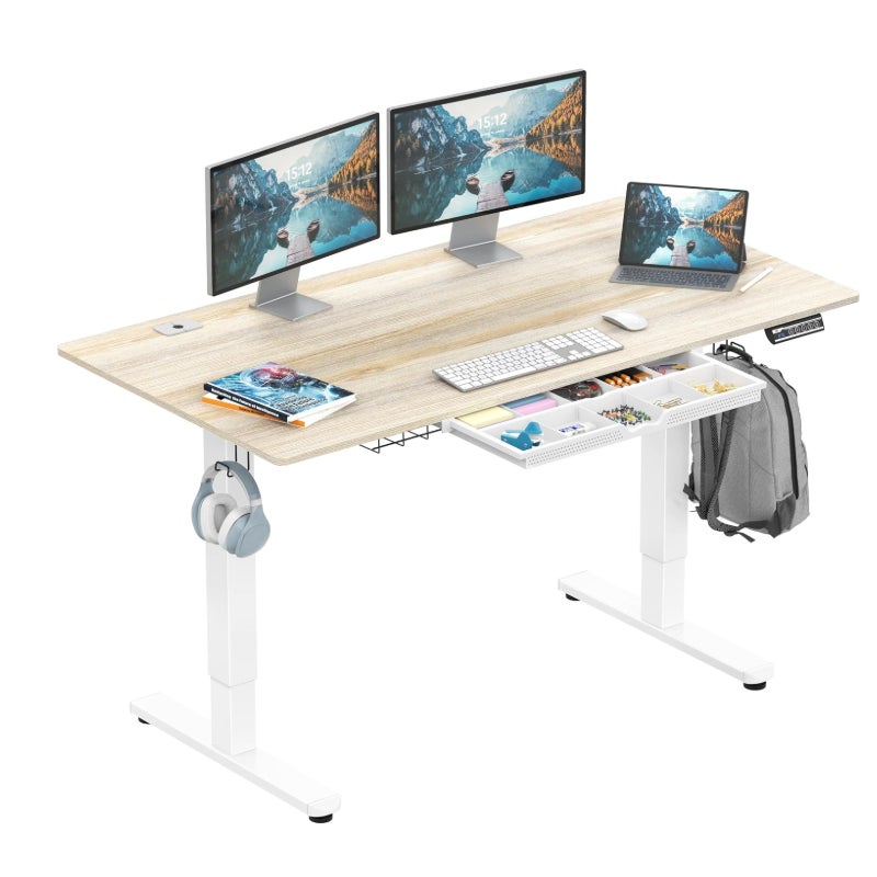 SHW 55 x 28 Electric Height Adjustable Standing Desk w/Drawer, Maple w/ Memory Presets