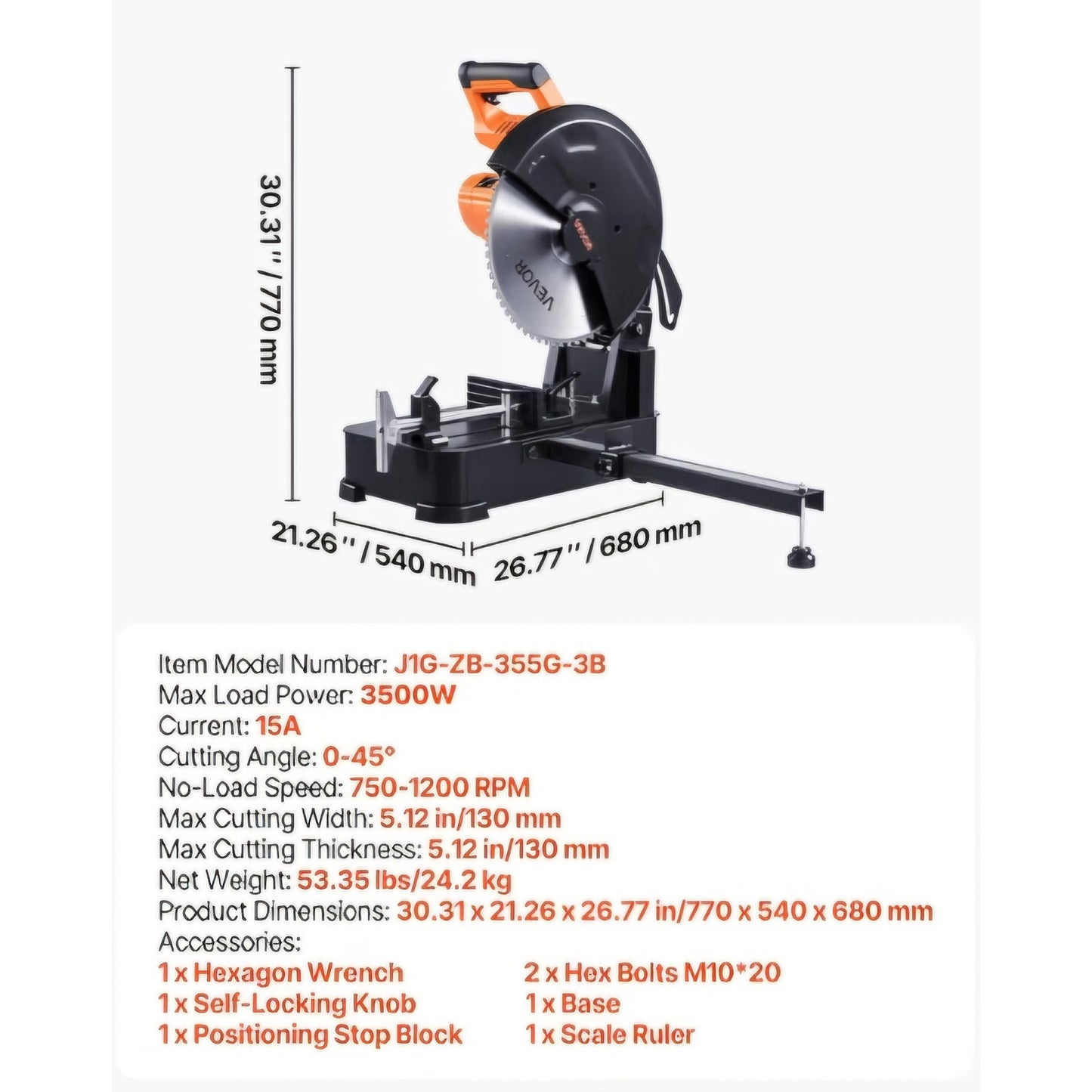 VEVOR Chop Saw, 14-inch Stainless Steel Cold Cut Blade, 3500 W Powerful Brushless Motor, 750-1200
