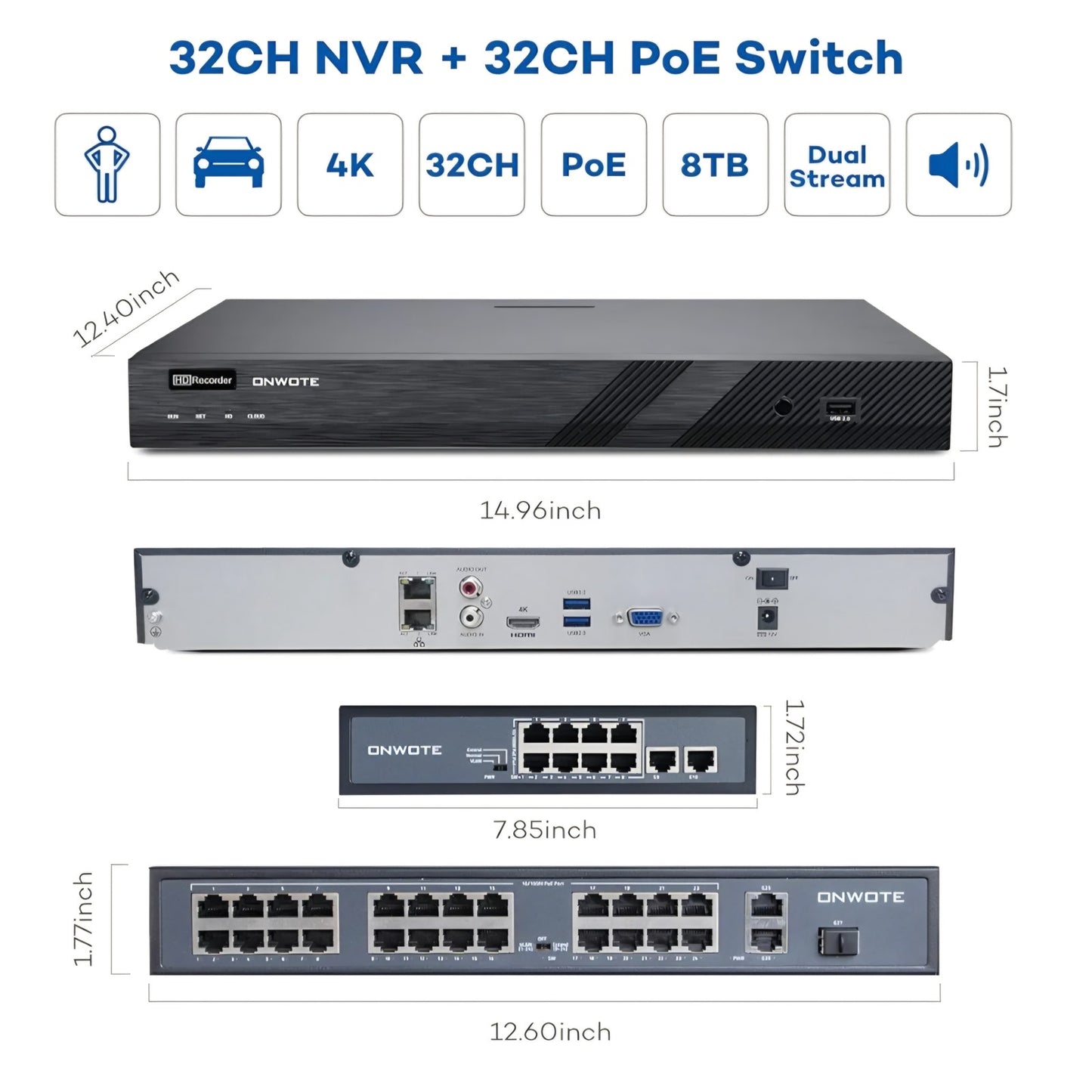ONWOTE 32 Channel Security Camera System PoE, 12MP 32CH NVR 8TB, 32 Ports Switch, 24x 6MP Outdoor