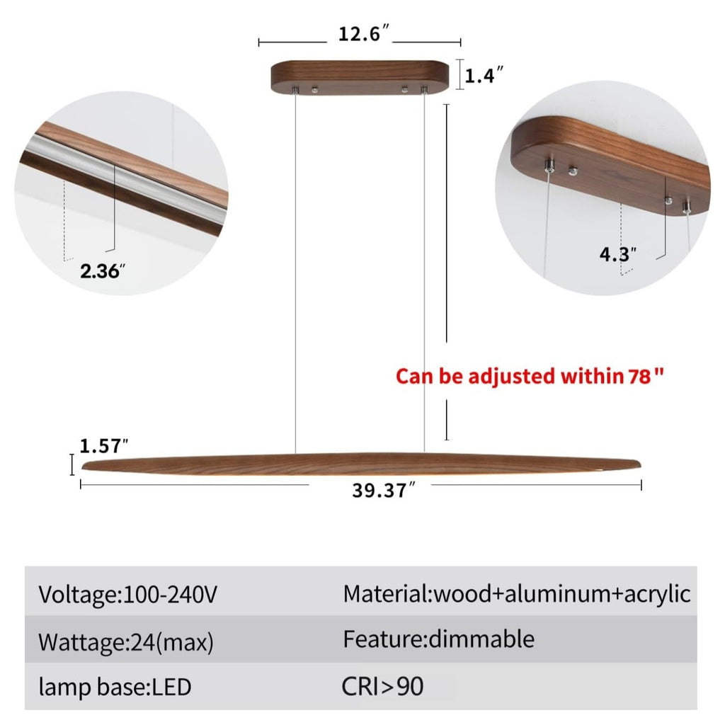 39" Wood Linear Pendant Light LED Dimmable Hanging Light Dinning Room Light Fixture Island Lights