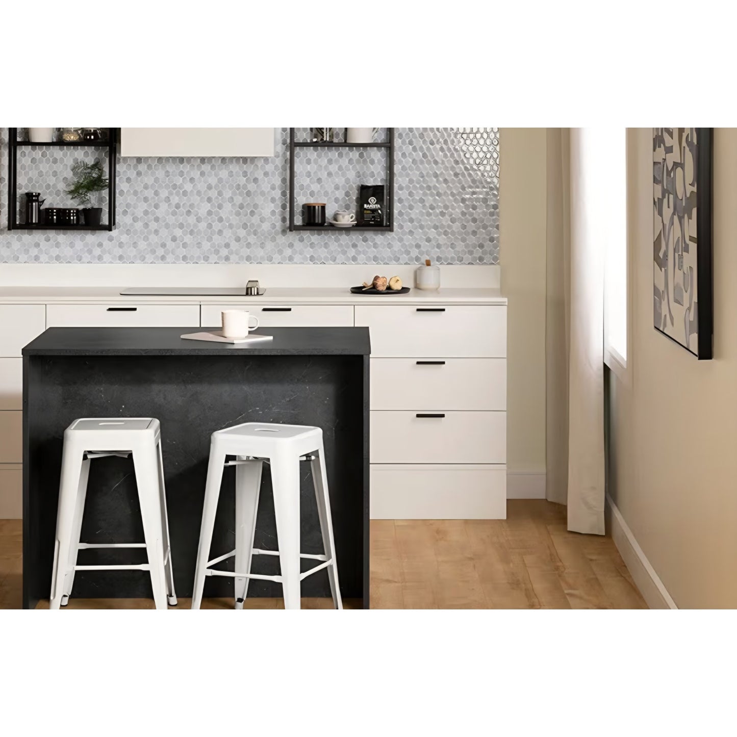 South Shore Myro Kitchen Island Faux Black Stone and White, Contemporary