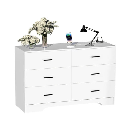 Dresser  Wooden 6 Drawer Dresser Chest of Drawers for Bedroom Tall White Storage Organizer