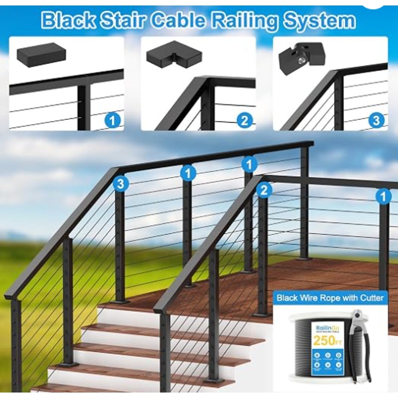 2Pack 6'6'' Rectangular Cable Railing Handrails, Black Stainless Steel Handrail with Nylon End Caps
