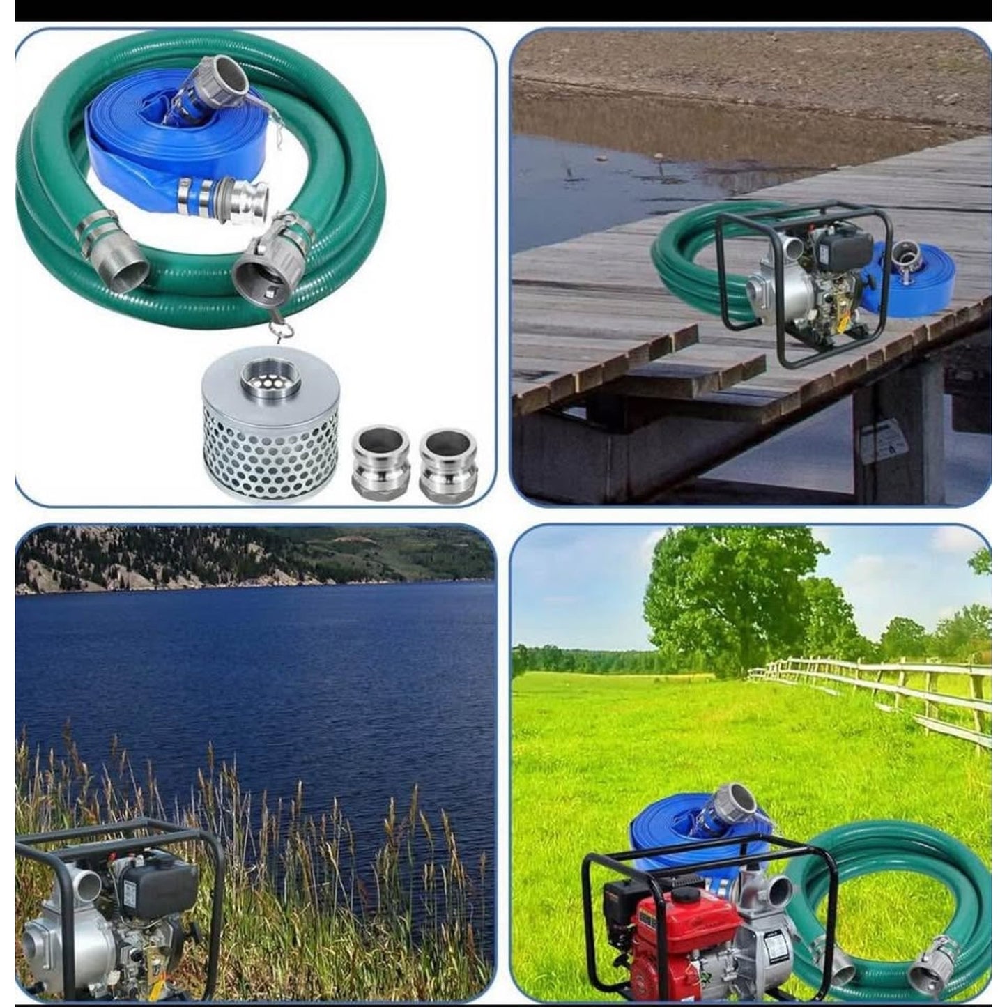 3 Inch Suction Hose Pump kit, Includes 3" x 65' Blue PVC Backwash Hose & 3" x 20' Green PVC Suction