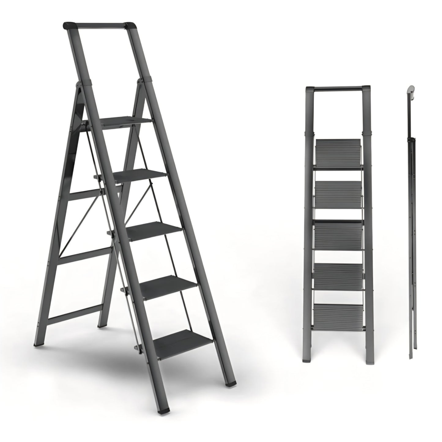 5 Step Ladder, Folding Step Stool, Portable Iron Foldable Black Ladder for 10 Foot High